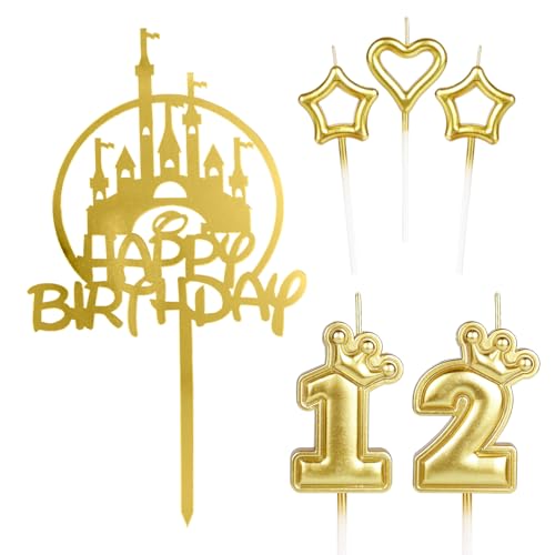 mciskin Tortenaufsätze für Mädchen Happy 12th Birthday, Goldschloss, Krone Nummer 12, Kerze für Kuchen, Kerzen, Kuchen, Cupcake-Topper für Frauen, Geburtstagsdekorationen von mciskin