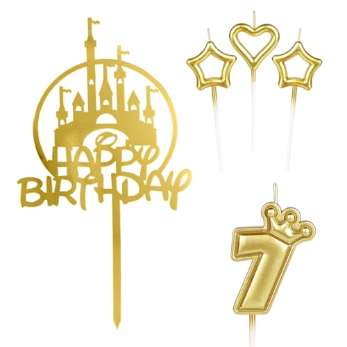 mciskin Tortenaufsatz für Mädchen, Motiv: Happy 7th Birthday, Goldschloss, Krone Nummer 7, Kerze für Kuchen, Kerzen, Kuchen, Cupcake-Topper für Babygeburtstag, Party-Dekorationen, 7. Hochzeitstag von mciskin