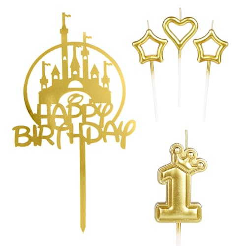 mciskin Tortenaufsatz für Mädchen mit Aufschrift "Happy 1st Birthday", Goldschloss, Krone Nummer 1, Kerze für Kuchen, Kerzen, Kuchen, Cupcake-Topper für Baby-Geburtstag, Party-Dekorationen, 1. von mciskin