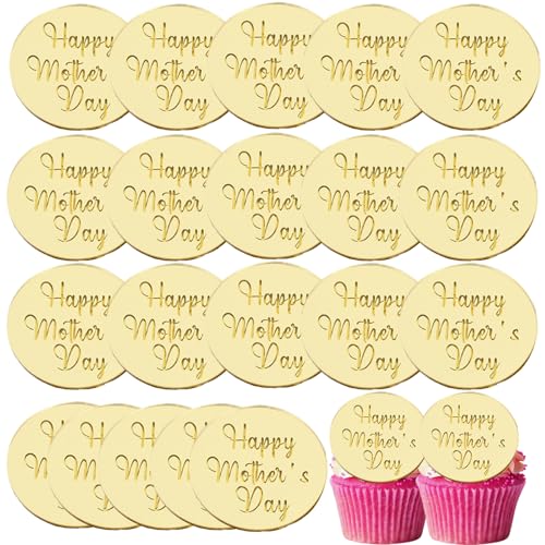 mdgfge Runde Cupcake-Topper "Happy Mother's Day", Acryl, goldfarbene Spiegelscheibe, graviert, Kuchendekoration, Cupcake-Dekoration für Muttertag, Mutter, Geburtstag, Partyzubehör (20 Stück) von mdgfge