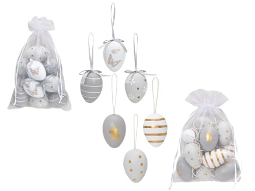 24 Anhänger Ostereier aus Kunststoff (grau weiss gold) 2 x 12er Set im Organzabeutel 2-fach sortiert (B/H/T) Ø 4cm x Höhe 6cm von meindekoartikel