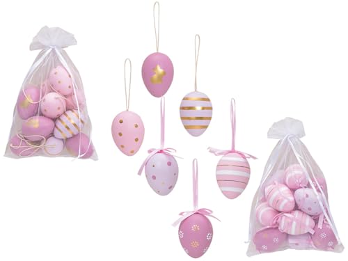 24 Anhänger Ostereier aus Kunststoff (pink rosa) 2 x 12er Set im Organzabeutel 2-Fach Sortiert (B/H/T) Ø 4cm x Höhe 6cm von meindekoartikel