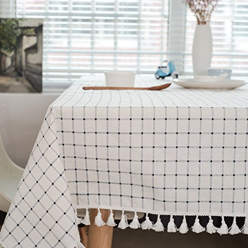 Meiosuns Tischdecke Tischdecke Stoff Karierte Tischdecken im mediterranen Stil Frische und kunstvolle Tischdecken aus Baumwolle und Quasten Rechteckige Couchtisch Tischdecken (140 * 250cm) von meioro
