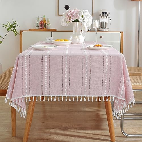 meioro Böhmische Tischdecke für Küche Dekoration, 140x140cm Makramee Tischtuch mit Quasten, Rechteckige Leinen Tischwäsche, Gestreifte Tafeldecke Mesh Tischdecken für Esstisch Tabletop(Rosa) von meioro