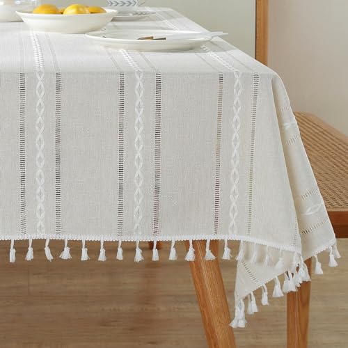 meioro Böhmische Tischdecke für Küche Dekoration, 140x200cm Makramee Tischtuch mit Quasten, Rechteckige Leinen Tischwäsche, Gestreifte Tafeldecke Mesh Tischdecken für Esstisch Tabletop(Elfenbein Weiß) von meioro