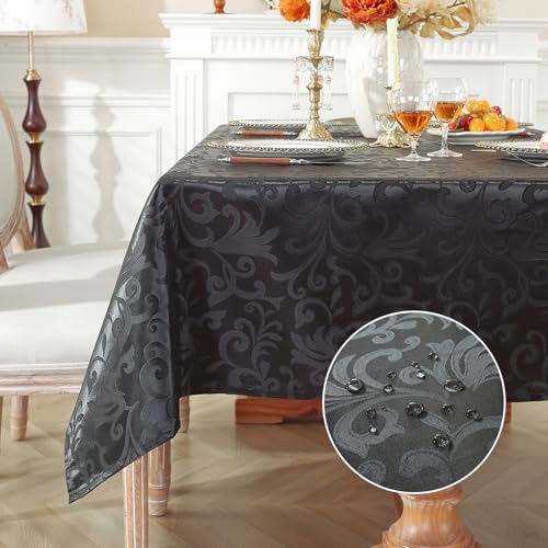 meioro Tischdecke Abwaschbar, Rechteckig Damast Tischdecken Wasserdicht Polyester Stoff Tischtuch, Große Küche abwischbar Tischwäsche mit Floral Mustern für Esszimmer Hochzeiten (Schwarz,100x140cm) von meioro