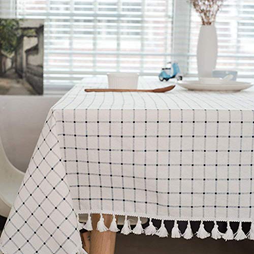 meioro Tischdecke Tischtuch Stoff Karierte Tischdecken im mediterranen Stil Frische und kunstvolle Tischwäsche aus Baumwolle und Quasten Rechteckige Couchtisch Tischdecken(90 x 90 cm) von meioro