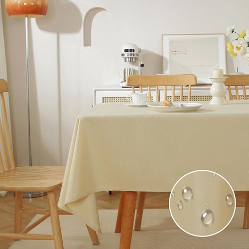 meioro Abwaschbar Tischdecke, Textil Leinen Wasserabweisend Lotuseffekt Tischtuch, Rechteck Polyester Tischdecken, Wasserdicht Dauerhaft Kratzfest für Haus Küche Party Dekorationen(Beige,140×220cm) von meioro