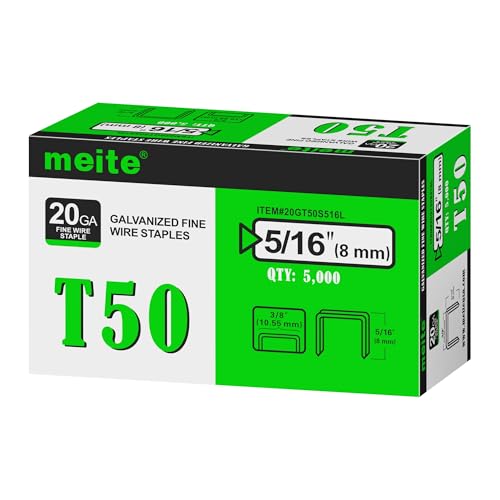 meite T50 Heftklammern, 5/16 Zoll, robuste Heftklammern für Heftpistole, verzinkt, 20 Gauge, 3/8 Zoll Kronenklammer für Polster, Bau, Möbel (5.000 Stück) von meite