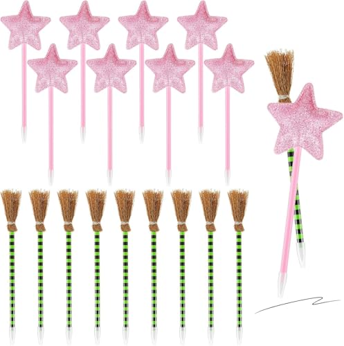 mekueeex 36 Stück Hexen- und Prinzessinnen-Partygeschenke, einschließlich Hexenbesen und rosa Stern-Kugelschreiber, rosa und grüne Gastgeschenke für Halloween-Partyzubehör, Dekorationen, Geschenktüten von mekueeex