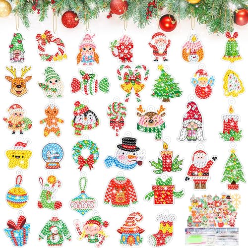 38PCS Diamond Painting Weihnachtsbaum Anhänger 5D DIY Weihnachtsanhänger Diamond Painting Weihnachten Anhänger Set Weihnachten Diamant Malerei Schlüsselanhänger für Kinder Erwachsene von mellystore