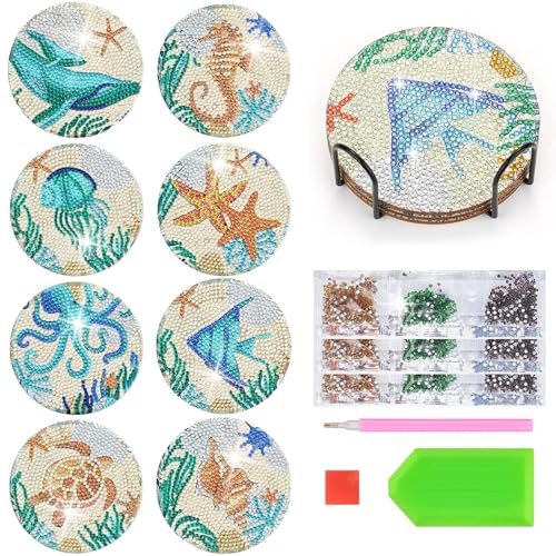 8pcs Diamond Painting Untersetzer Set mit Halter Diamant Malerei Untersetzer Mandala DIY 5D Diamond Art Untersetzer Erwachsene für Tassen Vasen Kerzen Geburtstag Einweihungsgeschenk (Meerestiere) von mellystore