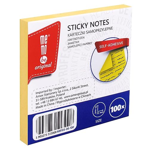MEMOBE Haftnotizen Klebezettel – Sticky Notes – Haftnotizen Set – Selbstklebende Notizzettel – Postit Haftnotizen – Reusable Sticky Notes – Pastel Sticky Notes – 75x75mm 100 Karten - Gelb von memobe