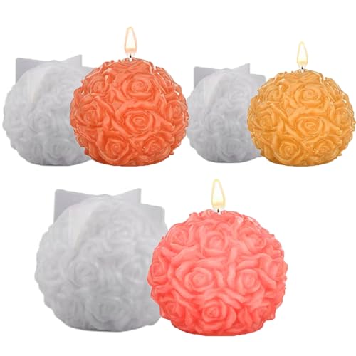 Silikonform Blumen,Mengger 3 Stück Kerzen Silikonformen,Rosenkugel Kerzenform,Silikonformen Gießformen Blumen Kerzengießformen,DIY Rosen Blume Silikonform,Rose Blumenkugel Eishockey Harzform von mengger
