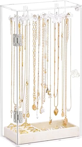Mepure Acryl-Halskettenhalter, Halsketten-Organizer mit 24 drehbaren Haken, Anhänger, Schmuckhalter mit beigefarbenem Samttablett für Ringe und Ohrringe von mepure