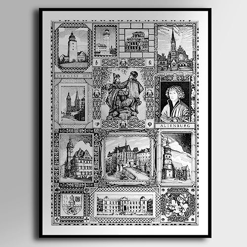 merkwürdig Plakat Altenburg - Fineliner-Art mit vielen Motiven aus der Skatstadt Altenburg in Thüringen (Mit Rahmen, 50x70 cm) von merkwürdig