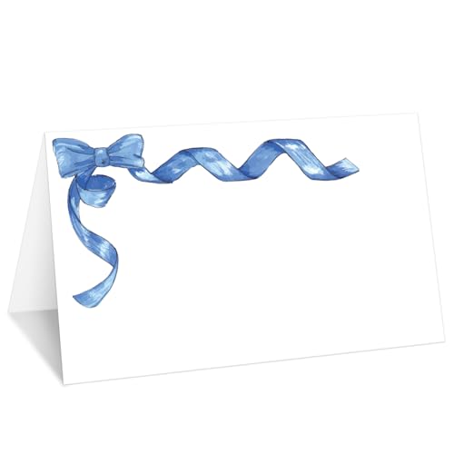 013 Tischkarten mit blauer Schleife, Set mit 25 Aquarell-Zelt-Namenskarten für Tischdekoration, Lebensmitteletiketten für Hochzeit, Babyparty, Geburtstag, Abendessen, Partyzubehör von mermermu