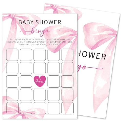 Baby Shower Bingo Game Cards, 30 Pink Bow Baby Shower Game Cards for Guests, Baby Announcement Gender Reveal Party Games Supplies & Activities -P03 von mermermu