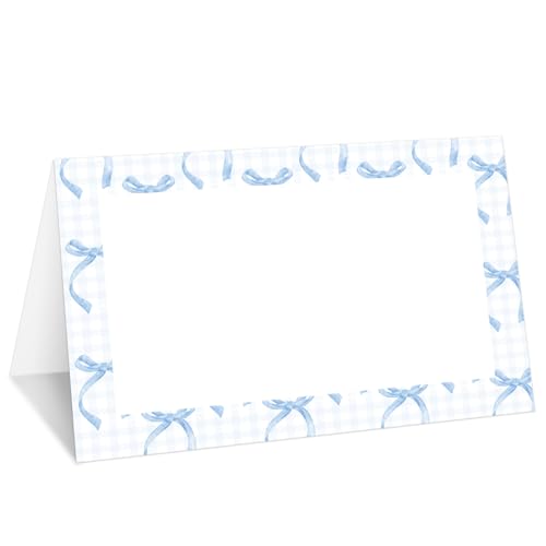 Blaue Schleife, karierte Tischkarten, Set mit 25 Zelt-Namenskarten für den Tisch, Lebensmitteletikett für Hochzeit, Babyparty, Geburtstag, Abendessen, Partyzubehör -032 von mermermu