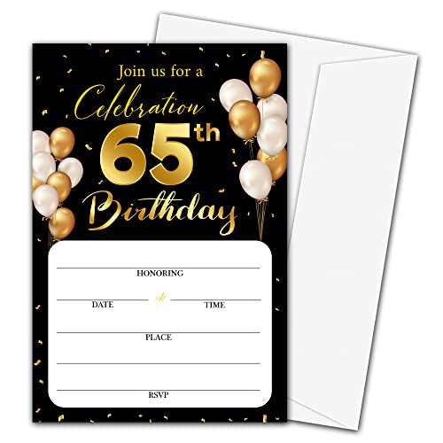 Einladungskarten zum 65. Geburtstag mit Umschlägen, klassisches Gold-Thema, zum Ausfüllen der leeren Geburtstagsparty-Einladungskarten, für Männer, Partyzubehör, 20 Einladungen mit Umschlägen – B17 von mermermu