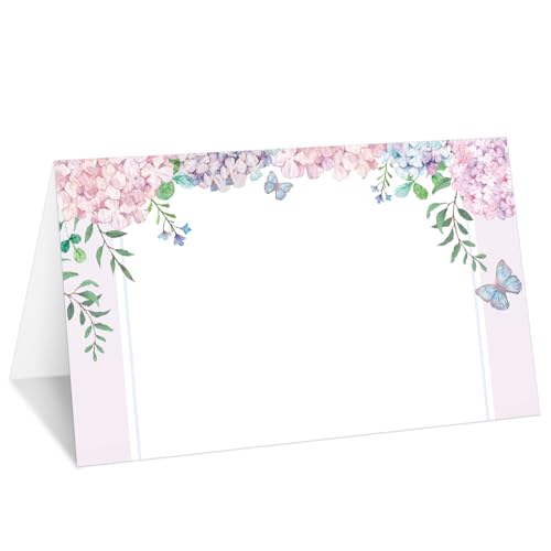 Pinke Hortensien-Platzkarten, Set mit 25 Blumenzelt-Namenskarten für den Tisch, Lebensmitteletikett für Hochzeit, Babyparty, Geburtstag, Abendessen, Partyzubehör -021 von mermermu