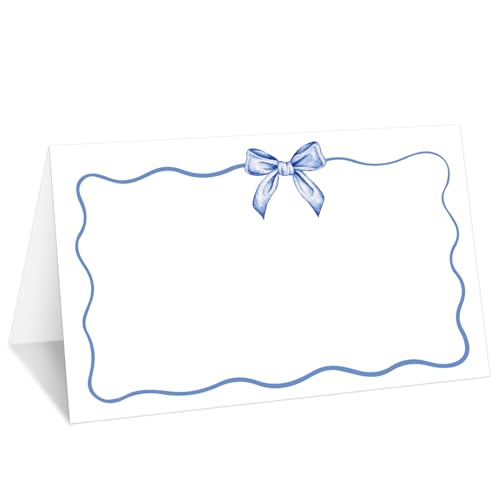 Platzkarten mit blauer Schleife, Wellenrand, Set mit 25 Zelt-Namenskarten für den Tisch, Lebensmitteletikett für Hochzeit, Babyparty, Geburtstag, Dinner-Partyzubehör -005 von mermermu