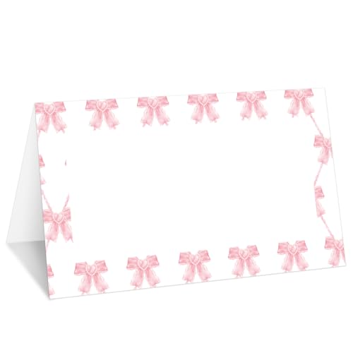 Tischkarten mit rosa Schleife, 25 Stück, Zelt-Namenskarten für den Tisch, Lebensmitteletikett für Hochzeit, Babyparty, Geburtstag, Abendessen, Partyzubehör -033 von mermermu