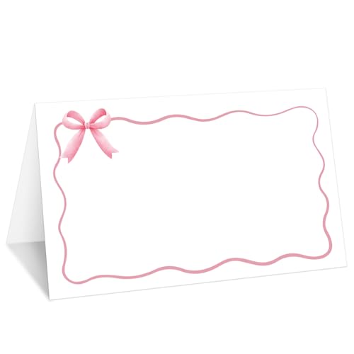 Tischkarten mit rosa Schleife, Wellenrand, Set mit 25 Zelt-Namenskarten für Tischdekoration, Lebensmitteletikett für Hochzeit, Babyparty, Geburtstag, Abendessen, Partyzubehör -004 von mermermu