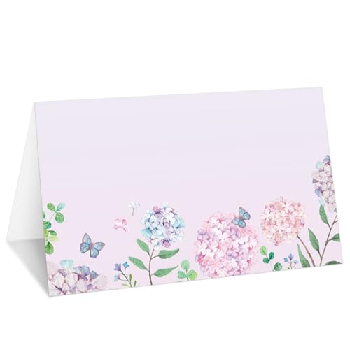 Violette Hortensien-Platzkarten, Set mit 25 Blumenzelt-Namenskarten für den Tisch, Lebensmitteletikett für Hochzeit, Babyparty, Geburtstag, Abendessen, Partyzubehör -022 von mermermu