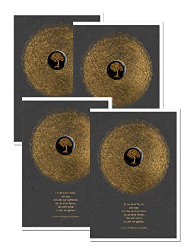 metALUm 4 x hochwertige exklusive Trauerkarten Beileidskarten im Format B6 Doppelkarte Klappkarte ohne Innentext mit weißem Umschlag Motiv Lebensbaum Spruch von Goethe mit goldenem Schimmer von metALUm