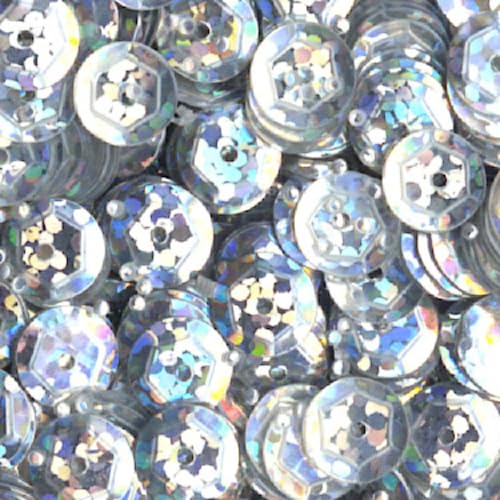 1400 Stück / 15g Pailletten · 6 mm Durchmesser · rund und gewölbt · mit Loch · zum Aufnähen auf Textilien oder Verzieren von Styroporobjekten, Farbe: silber hologramm von miamiXa