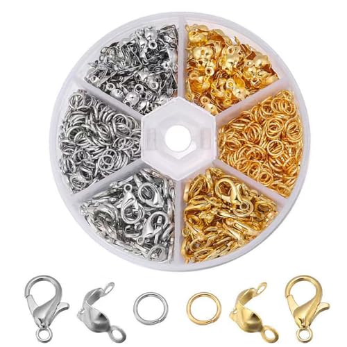Armband Verschluss Set, 370 Stück Verschlüsse für Armbänder, 2 Farben Kettenverschluss, Karabinerverschluss und Biegeringe und Crimpenden, für Halsketten Armband DIY (Silber + Gold) von miaomiao