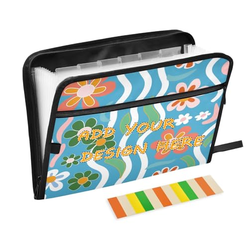 Akkordeon-Aktenordner, 13 Taschen, A4, Briefgröße, personalisierbar, erweiterbar, mit Reißverschluss, für Bürobedarf, bunte Blumen, gewellte Linien, Blau Akkordeon-Aktenordner, 13 Taschen, A4, Briefgröße, personalisierbar, erweiterbar, mit Reißverschluss, für Bürobedarf, bunte Blumen, gewellte Linien, Blau von miaozhen
