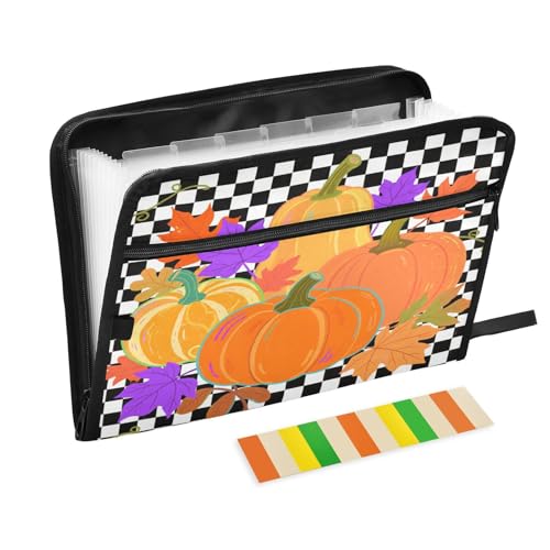 Aktenordner, 13 Taschen, A4, Briefgröße mit Reißverschluss, für Business, Hallo Herbst, Herbst, Kürbis, kariert, kariert, kariert, Carpetas de Aktenordner, 13 Taschen, A4, Briefgröße mit Reißverschluss, für Business, Hallo Herbst, Herbst, Kürbis, kariert, kariert, kariert, Carpetas de von miaozhen