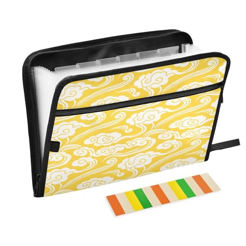 Aktenordner, 13 Taschen, A4, Briefgröße mit Reißverschluss, für Papiere, weiß, verheißungsvolles Wolkenmuster, gelber Hintergrund Aktenordner, 13 Taschen, A4, Briefgröße mit Reißverschluss, für Papiere, weiß, verheißungsvolles Wolkenmuster, gelber Hintergrund von miaozhen
