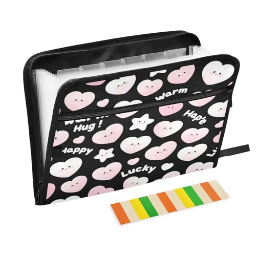 Aktenordner, Organizer, 13 Taschen, A4, Briefgröße mit Reißverschluss, für Büro, Schule, niedlicher herzförmiger Stern, Happy Pink, Schwarz, Carpetas de von miaozhen