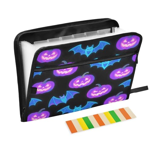 Aktenordner mit Taschen, 13 Taschen, A4, Briefgröße mit Reißverschluss, für Bürobedarf, beleuchteter Kürbis, Fledermaus, Violett, Blau Aktenordner mit Taschen, 13 Taschen, A4, Briefgröße mit Reißverschluss, für Bürobedarf, beleuchteter Kürbis, Fledermaus, Violett, Blau von miaozhen