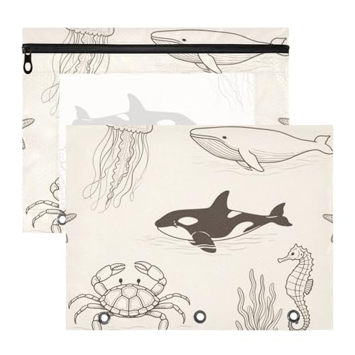 Binder-Bleistiftetui, stabile 3-Loch-Tasche für A4-Papier, Briefe, 2 Stück, Studenten, Klassenzimmer, Ozean, Tier, Schwarz, Beige, Hai, Quallen, Ordner für Dokumente von miaozhen