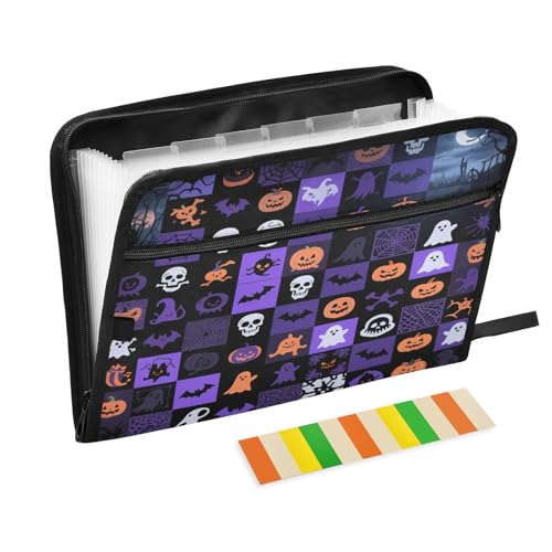 Dokumentenmappe, erweiterbar, 13 Fächer, A4, Briefgröße, mit Reißverschluss, für Bürobedarf, geheimnisvolle violette Quadrate für Halloween-Teppiche von miaozhen