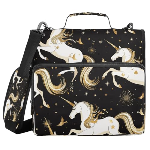 Dokumentenmappe mit 3 Ringen, 3,8 cm, mit Griff, schwarz und weiß, Einhörner, goldfarbenes Design, mehrere Taschen, für Büro, Schule, Clip de Cremallera Dokumentenmappe mit 3 Ringen, 3,8 cm, mit Griff, schwarz und weiß, Einhörner, goldfarbenes Design, mehrere Taschen, für Büro, Schule, Clip de Cremallera von miaozhen