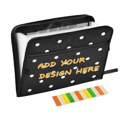 Dokumentenmappe mit Taschen, 13 Taschen, A4, Briefgröße, personalisierbar, mit Reißverschluss, für Bürobedarf, Cartoon, Punkte, Schwarz von miaozhen