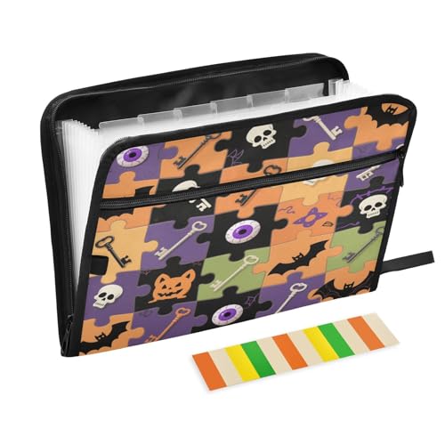 Dokumentenmappen, 13 Fächer, A4, Briefgröße mit Reißverschluss, für Klassenzimmer, Zuhause, Büro, Reisen, Halloween, buntes Puzzle mit Totenkopf-Fledermäusern, Para Guardar Documentos von miaozhen