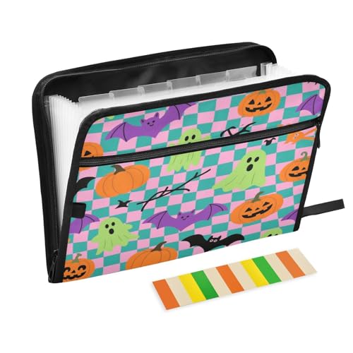 Erweiterbare Aktenordner, 13 Taschen, A4, Briefgröße mit Reißverschluss, für Papiere, Halloween, Orange, Kürbis, Fledermaus, Carpeta de Erweiterbare Aktenordner, 13 Taschen, A4, Briefgröße mit Reißverschluss, für Papiere, Halloween, Orange, Kürbis, Fledermaus, Carpeta de von miaozhen