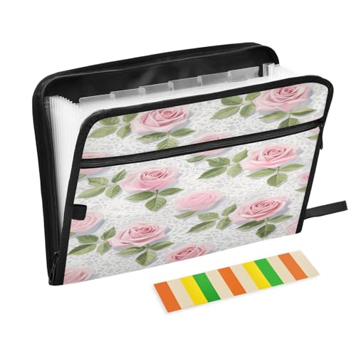 Erweiterbare Schnellhefter mit 13 Fächern, A4, Briefgröße mit Reißverschluss, für Bürobedarf, trendige rosa Spitze, Rose, Blumen, Para Guardar von miaozhen