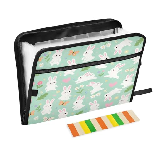 Erweiterbarer Aktenordner, 13 Taschen, A4, Briefgröße mit Reißverschluss, für Bürobedarf, niedliches Kaninchen, Kaninchen, Schmetterling, Blume, Hellgrün Erweiterbarer Aktenordner, 13 Taschen, A4, Briefgröße mit Reißverschluss, für Bürobedarf, niedliches Kaninchen, Kaninchen, Schmetterling, Blume, Hellgrün von miaozhen