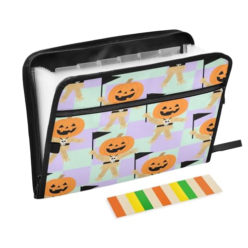 Erweiterbarer Aktenordner, Organizer, 13 Taschen, A4, Briefgröße mit Reißverschluss, für Büro, Schule, lustig, Halloween, Kürbis, Vogelscheuche, karierter Organizer Erweiterbarer Aktenordner, Organizer, 13 Taschen, A4, Briefgröße mit Reißverschluss, für Büro, Schule, lustig, Halloween, Kürbis, Vogelscheuche, karierter Organizer von miaozhen