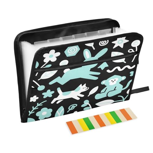 Erweiterbarer Aktenordner, Organizer, 13 Taschen, A4, Briefgröße mit Reißverschluss, für Klassenzimmer, Zuhause, Büro, Reisen, Türkis, Tier, Hase, Affe, schwarze Teppiche Erweiterbarer Aktenordner, Organizer, 13 Taschen, A4, Briefgröße mit Reißverschluss, für Klassenzimmer, Zuhause, Büro, Reisen, Türkis, Tier, Hase, Affe, schwarze Teppiche von miaozhen