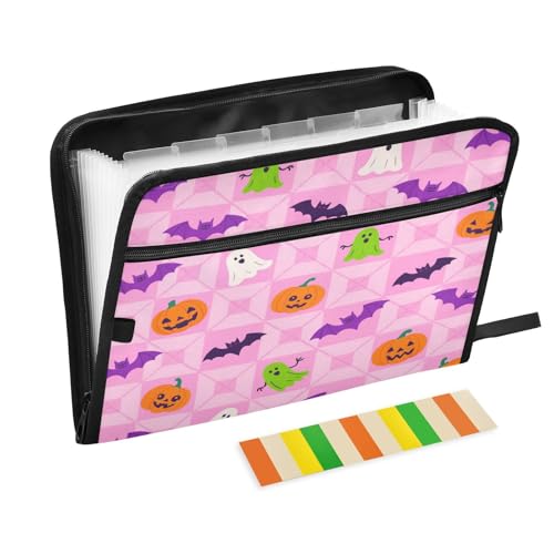 Erweiterbarer Aktenordner, Organizer, 13 Taschen, A4, Briefgröße mit Reißverschluss, für Schule, Zuhause, Büro, Klassenzimmer, niedlich, Halloween, rosa kariert, Kürbis, Fledermaus, Carpeta de Erweiterbarer Aktenordner, Organizer, 13 Taschen, A4, Briefgröße mit Reißverschluss, für Schule, Zuhause, Büro, Klassenzimmer, niedlich, Halloween, rosa kariert, Kürbis, Fledermaus, Carpeta de von miaozhen