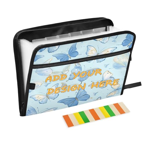 Erweiterbarer Aktenordner mit 13 Fächern, A4, Briefgröße, anpassbarer Organizer mit Tasche mit Reißverschluss, für Büro, Schule, Aquarell-Schmetterlinge, Hellblau von miaozhen