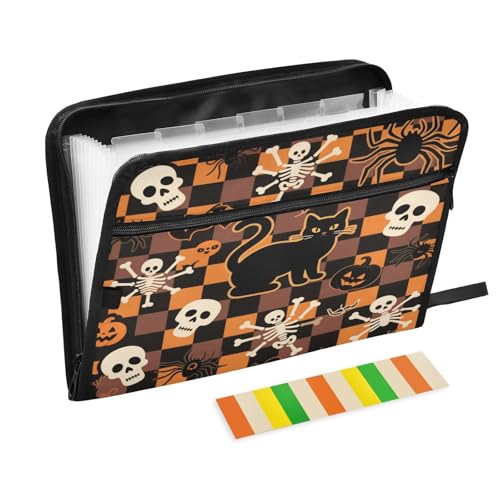 Fächermappe, 13 Fächer, A4, Briefgröße mit Reißverschluss, für Büro, Schule, Halloween, Orange, kariert, Kürbis, Katze, Totenkopf, Organizer Fächermappe, 13 Fächer, A4, Briefgröße mit Reißverschluss, für Büro, Schule, Halloween, Orange, kariert, Kürbis, Katze, Totenkopf, Organizer von miaozhen